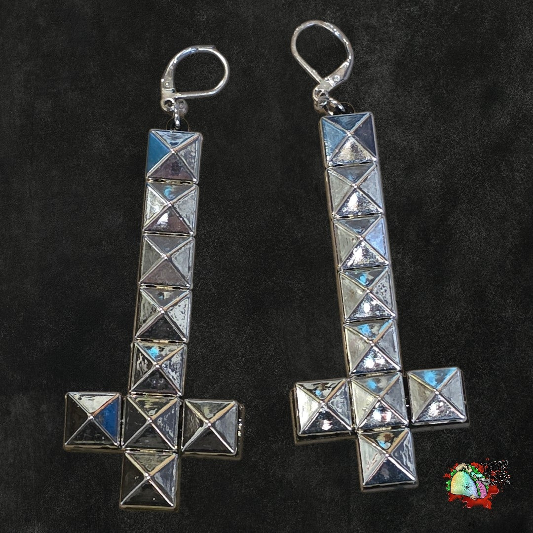 Inverted studded cross earrings